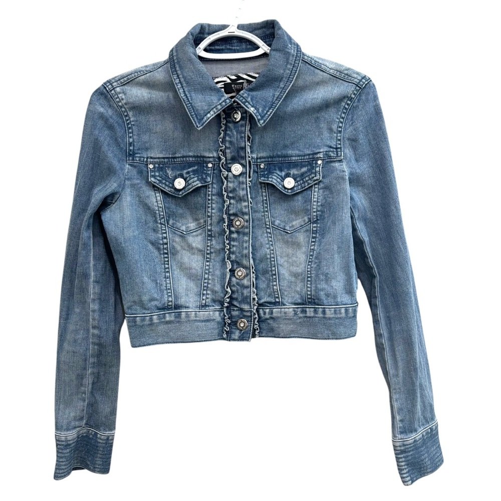 WHBM Ruffle Feminine Bedazzled cropped denim jacket